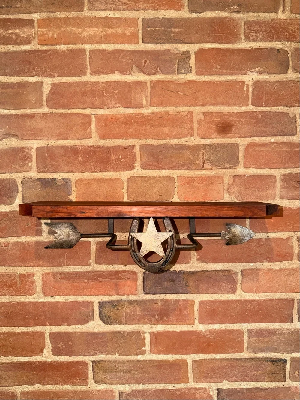 Rustic Metal Star & Horseshoe Wall Shelf - Brown Cowboy Western Branded